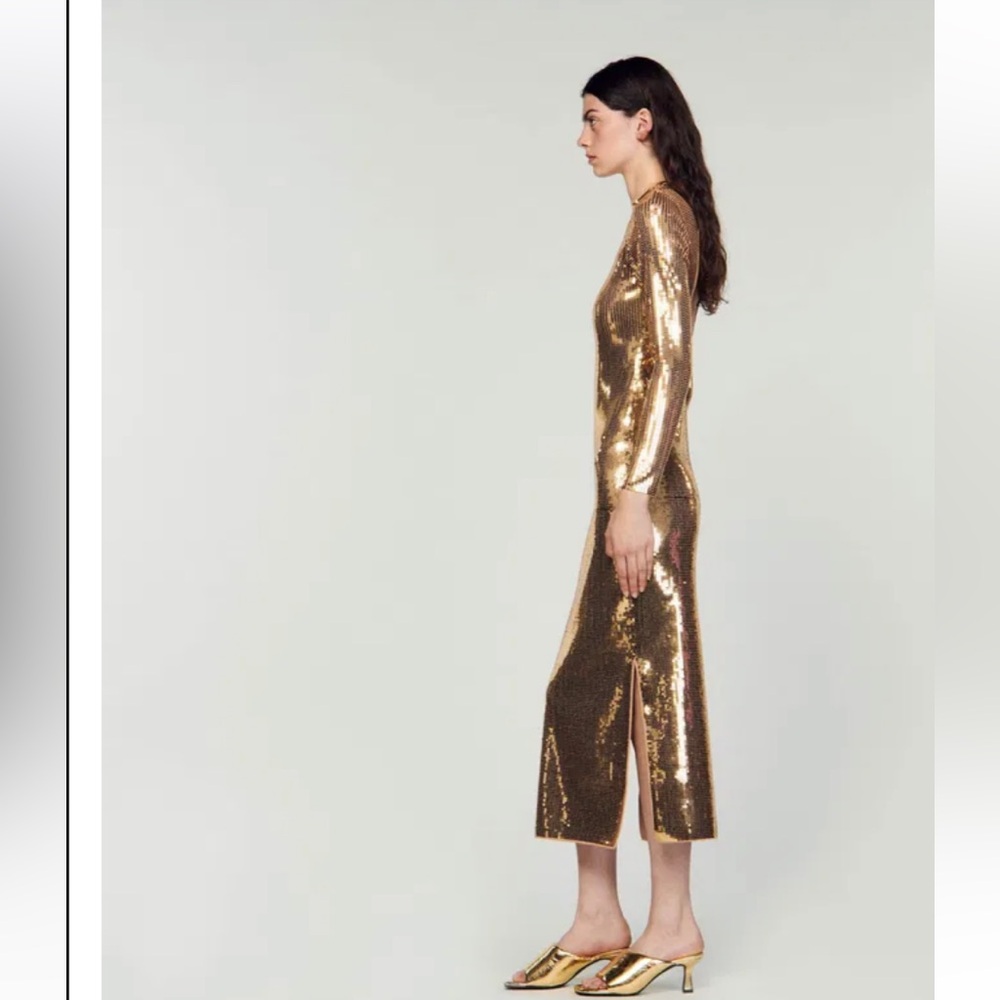 SANDRO Dore’ Gold Midi Dress Squin New $585- side split sexy bodycon BDay Bash🤩 - Picture 3 of 15